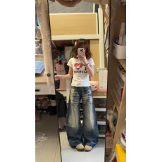 批发小个子美式复古水洗做旧弯刀阔腿<b class='q'>牛仔裤</b>女高腰宽松直筒拖地裤