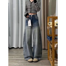 批发小个子美式复古口袋刺绣弯刀<b class='q'>牛仔裤</b>女低腰宽松显瘦阔腿拖地裤