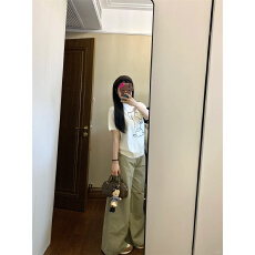 批发小个子美式辣妹卡其色<b class='q'>牛仔裤</b>女新款百搭阔腿高腰垂感拖地长裤