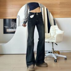 批发小个子美式复古双扣高腰弹力微喇牛仔裤女百搭显瘦喇叭拖地裤