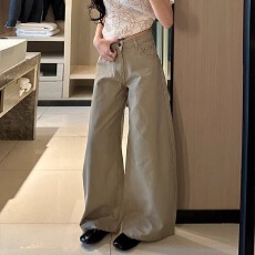 批发小个子美式复古卡其色直筒休闲阔腿牛仔裤女新款高腰宽松拖地<b class='q'>长裤</b>