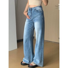 批发小个子美式小众水洗折痕阔腿牛仔裤女新款高腰宽松显瘦直筒裤