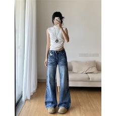 批发小个子复古设计感裂纹微喇牛仔裤<b class='q'>女</b>高腰宽松显瘦喇叭阔腿<b class='q'>长裤</b>