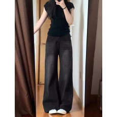 小个子黑灰色美式宽松垂感阔腿牛仔裤女夏季高腰显瘦直筒拖地长裤