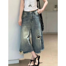 批发小个子美式直筒破洞牛仔短裤女夏季高街阔腿宽松显瘦百搭七分中裤