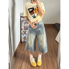 批发小个子美式复古星星印花牛仔七分短裤女夏季高腰宽松显瘦直筒中裤
