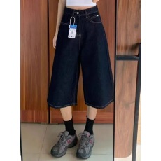 批发小个子美式复古深蓝色阔腿牛仔短裤女夏季高腰宽松显瘦七分中裤子
