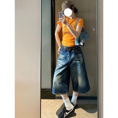 批发小个子美式复古水洗<b class='q'>直筒</b>七分牛仔短裤<b class='q'>女</b>夏季高腰阔腿宽松百搭中裤