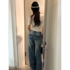 批发小个子美式复古小众设计感阔腿牛仔裤女低腰宽松显瘦直筒拖地<b class='q'>长裤</b>