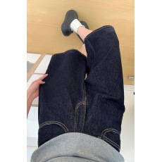 批发小个子美式复古深蓝色阔腿牛仔短裤女夏季高腰宽松显瘦七分中<b class='q'>裤子</b>
