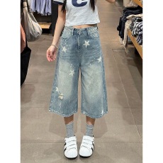 批发小个子美式复古星星印花牛仔七分<b class='q'>短裤</b>女<b class='q'>夏季</b>高腰宽松显瘦直筒中裤