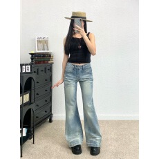 批发小个子美式设计感折痕水洗微喇牛仔<b class='q'>裤</b>女低腰不贴腿<b class='q'>显瘦</b>直筒喇叭<b class='q'>裤</b>