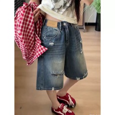 批发小个子美式复古破洞直筒五分<b class='q'>牛仔</b><b class='q'>短裤</b>女夏季高腰显瘦宽松阔腿中裤