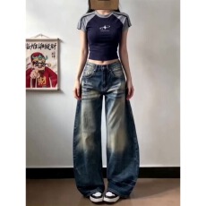 批发小个子美式高街复古水洗做旧<b class='q'>牛仔</b>裤女夏季高腰宽松显瘦阔腿弯刀裤