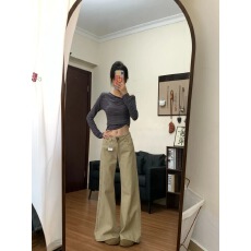 批发小个子美式复古卡其色阔腿微喇牛仔裤女低腰宽松喇叭拖地<b class='q'>长裤</b>