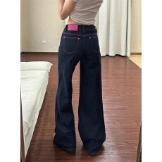 批发小个子美式辣妹撞色低腰阔腿<b class='q'>牛仔裤</b><b class='q'>女</b><b class='q'>直筒</b>宽松显瘦垂感拖地裤子
