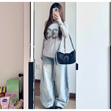 批发小个子复古刺绣弯刀阔腿牛仔裤女低腰宽松直筒显瘦拖地长裤