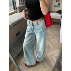 批发小个子美式浅色水洗牛仔<b class='q'>裤</b>女秋季新款低腰宽松显瘦<b class='q'>百搭</b>直筒拖地<b class='q'>裤</b>