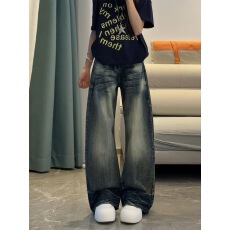 批发小个子美式复古水洗做旧<b class='q'>牛仔裤</b><b class='q'>女</b>秋季新款高腰宽松显瘦阔腿<b class='q'>裤</b>