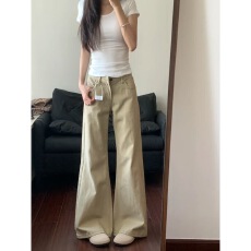 批发小个子美式卡其色宽松显瘦直筒阔腿裤女秋季低腰不贴腿<b class='q'>微喇</b><b class='q'>牛仔裤</b>