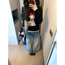 批发小个子美式口袋刺绣阔腿<b class='q'>牛仔裤</b>女2026秋季低腰宽松直筒拖地裤