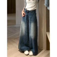 批发小个子美式复古水洗阔腿<b class='q'>牛仔裤</b>女秋季新款高腰设计感裤子直筒裤
