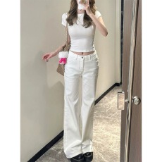 批发小个子美式白色不贴腿微喇牛仔裤<b class='q'>女</b>低腰显瘦喇叭阔腿<b class='q'>长裤</b>