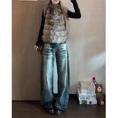 批发小个子美式高街复古水洗做旧牛仔裤女<b class='q'>秋</b>季高腰宽松显瘦阔腿弯刀裤