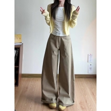 批发小个子卡其色美式宽松水洗阔腿牛仔裤女高腰显瘦直筒拖地长裤