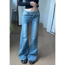 批发小个子美式蓝色低腰微喇牛仔<b class='q'>裤</b>女新款不规则<b class='q'>修身</b>显瘦弹力喇叭<b class='q'>裤</b>子