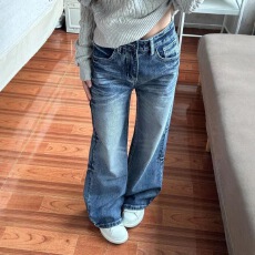 批发小个子美式复古水洗阔腿微喇<b class='q'>牛仔裤</b>女高腰宽松显瘦直筒喇叭裤