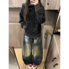 批发小个子美式复古竹节纹弯刀<b class='q'>牛仔裤</b>女秋季高腰宽松显瘦拖地阔腿长裤