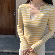 批发衣尔衫 春日千层 条纹<b class='q'>假两件</b>V领<b class='q'>针织衫</b>女长袖气质显瘦ins休闲上衣