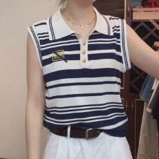 批发条纹polo领无袖针织背心女夏季2025年新款韩系设计感气质减龄上衣