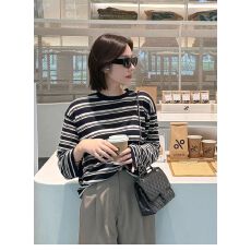 批发条纹宽松慵懒风冰丝长袖t恤女<b class='q'>夏</b>季外搭薄款罩衫松弛感防晒衫上衣