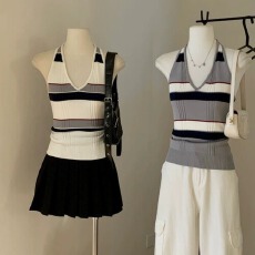 批发<b class='q'>夏</b>季女美式辣妹性感复古修身显瘦条纹无袖针织挂脖露背凉爽背心