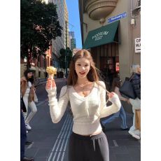 批发JMSHOP 暮色memory 镂空波浪V领针织上衣女秋设计感绑带长袖毛衣