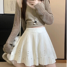 批发<b class='q'>甜美</b>烫钻针织百褶半身裙女早秋遮胯显瘦A字裙小