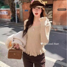 批发<b class='q'>甜美</b>气质u领修身打底针织衫女早春季韩系通勤休闲木耳边长袖上衣