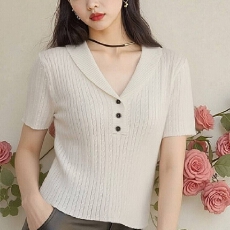 批发优雅气质半开领短袖麻花针织衫2026春夏季新款韩版修身显瘦上衣女