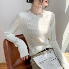 批发秋冬款温柔风白色麻花圆领修身<b class='q'>针织衫</b>软糯抗起球<b class='q'>韩版</b>长袖打底毛衣