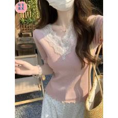 批发别致甜辣妹夏季粉色蕾<b class='q'>丝</b>v领针织短袖t恤女木耳边短款小衫显瘦上衣