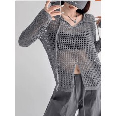 批发宽松镂空<b class='q'>针织</b>设计感长袖上衣女春夏季新款开叉防晒<b class='q'>罩衫</b>小众上衣潮