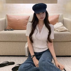 批发白色V领交叉绑带短袖针织女春夏新款纯欲风收腰显瘦气质百搭上衣