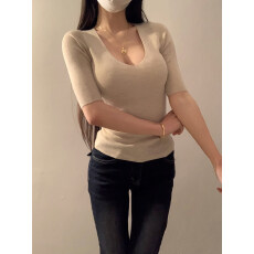 批发设计感坑条V领中袖针织衫女2026春夏新款修身显瘦百搭短袖上衣女