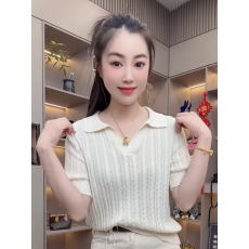 批发韩系Polo领冰丝针织短袖T恤女夏季小个子修身显瘦百搭V领内搭上衣
