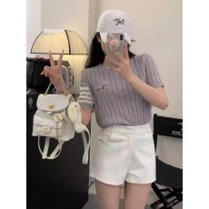 批发2026年夏季季新款小狗刺绣麻花短袖针织衫圆领学院修身针织衫女