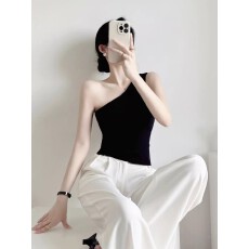 批发<b class='q'>欧美</b>辣妹风斜肩露背黑色修身针织吊带背心女夏季外穿内搭无袖上衣