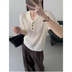 批发春夏新品韩版POLO领麻花纹<b class='q'>针织衫</b><b class='q'>女</b>短袖套头纽扣气质百搭上衣薄款