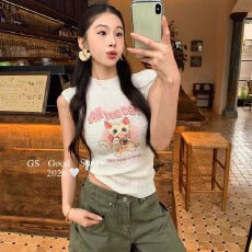 批发Okaaay调皮小野猫<b class='q'>夏</b>季修身设计感无袖上衣女桑蚕丝华夫格背心